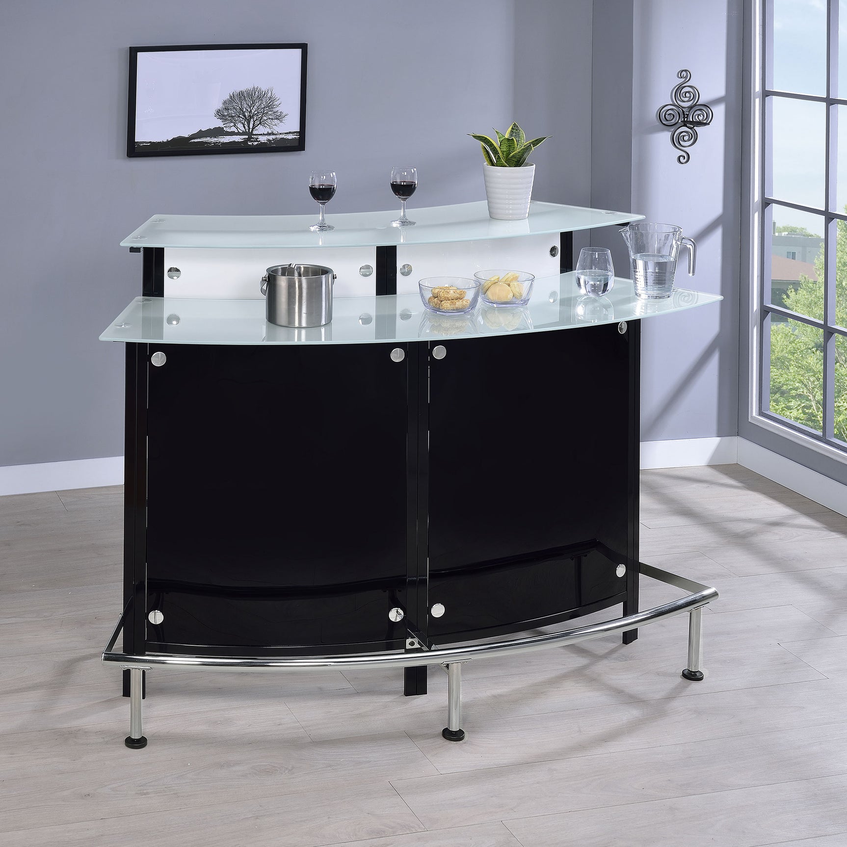 Keystone Curved Glass Top Home Bar Wine Cabinet Black - Tampa Furniture Outlet