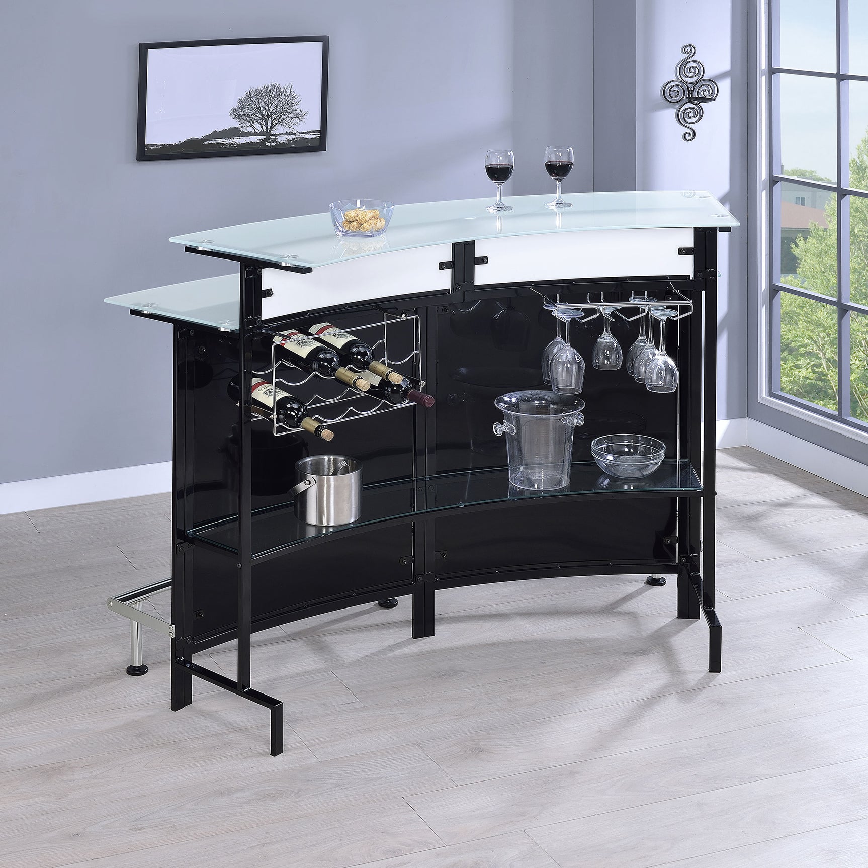 Keystone Curved Glass Top Home Bar Wine Cabinet Black - Tampa Furniture Outlet
