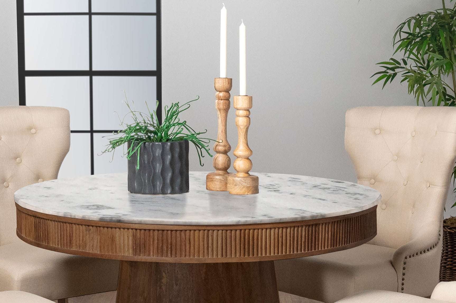 Ortega Round 46-inch Marble Top Wood Dining Table Natural - Tampa Furniture Outlet