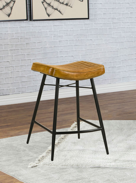 Bayu Leather Upholstered Counter Stool Camel (Set of 2) - Tampa Furniture Outlet