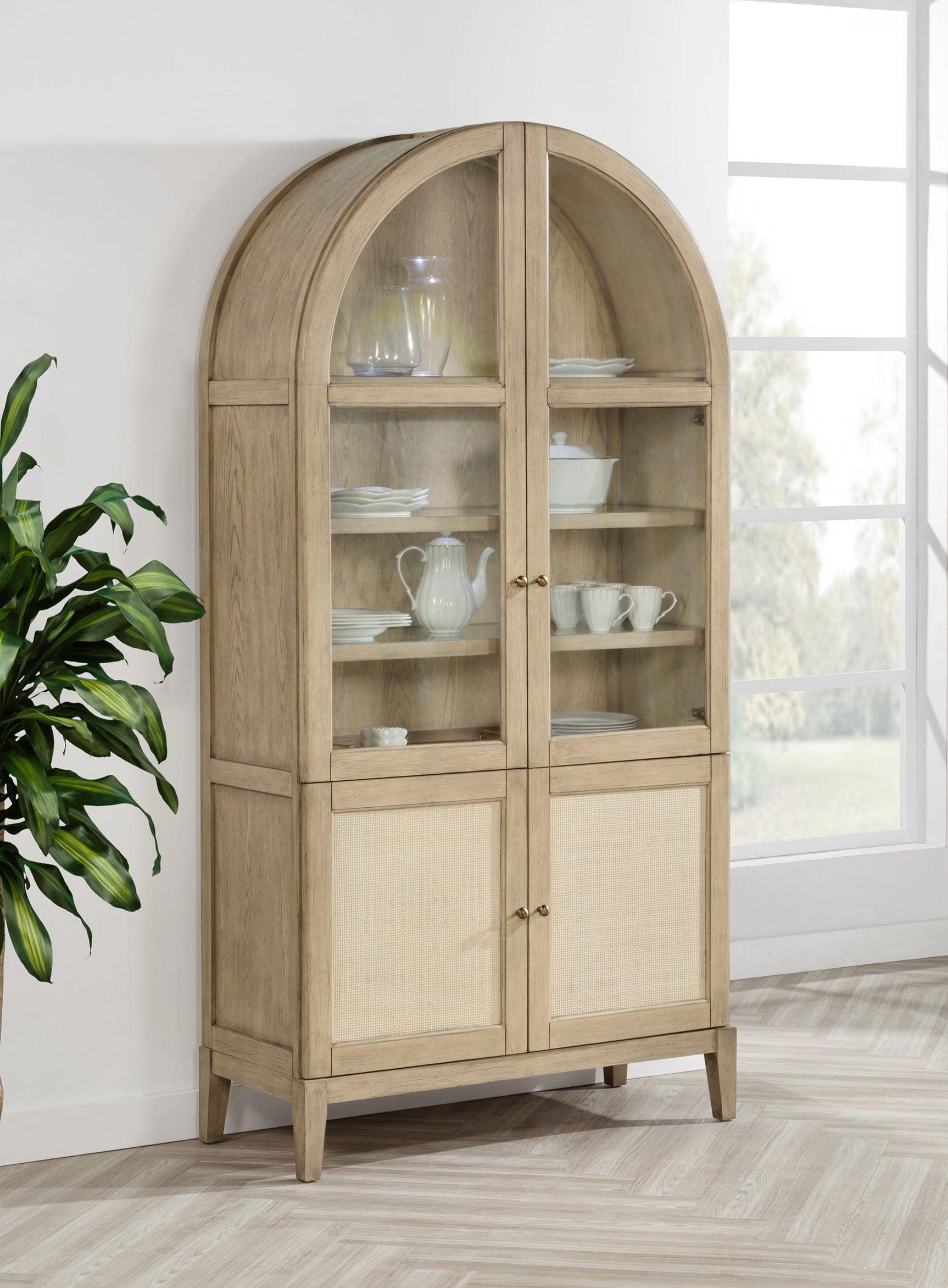 Kailani 4-Door Cane Dining Vitrine Display Cabinet Beige Oak - Tampa Furniture Outlet