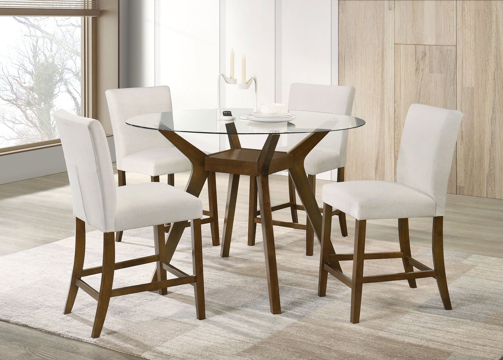Tampa Furniture Outlet - Coaster - Paxton 5-piece Round Glass Top Counter Height Dining Set Beige - 122178-S5BGE
