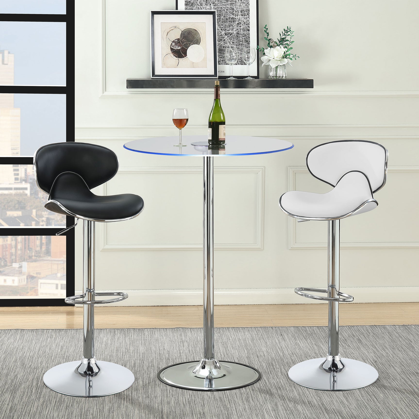 Thea Round 28-inch Glass Top LED Bistro Bar Table Chrome - Tampa Furniture Outlet