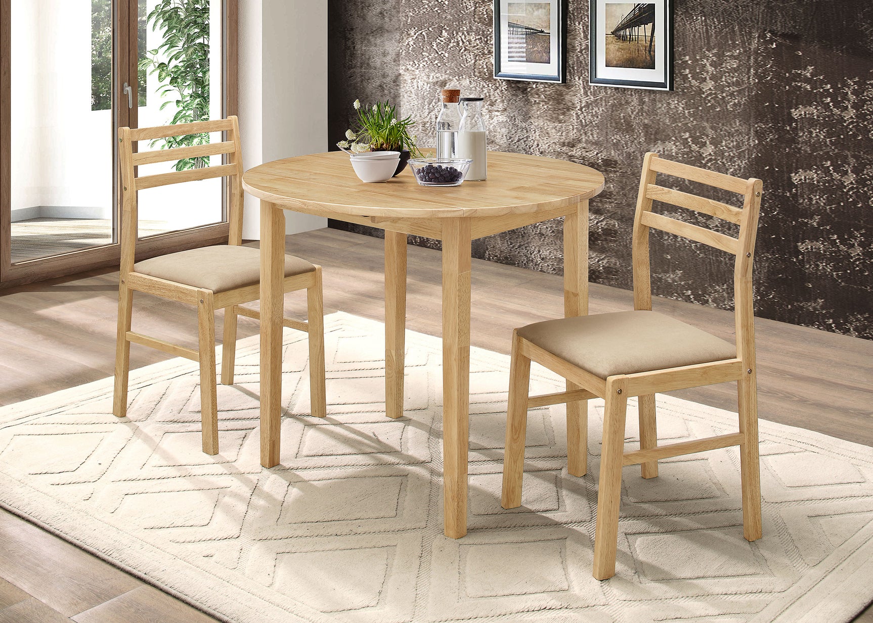 Bucknell 3-piece Round Drop Leaf Dining Table Set Natural - Tampa Furniture Outlet