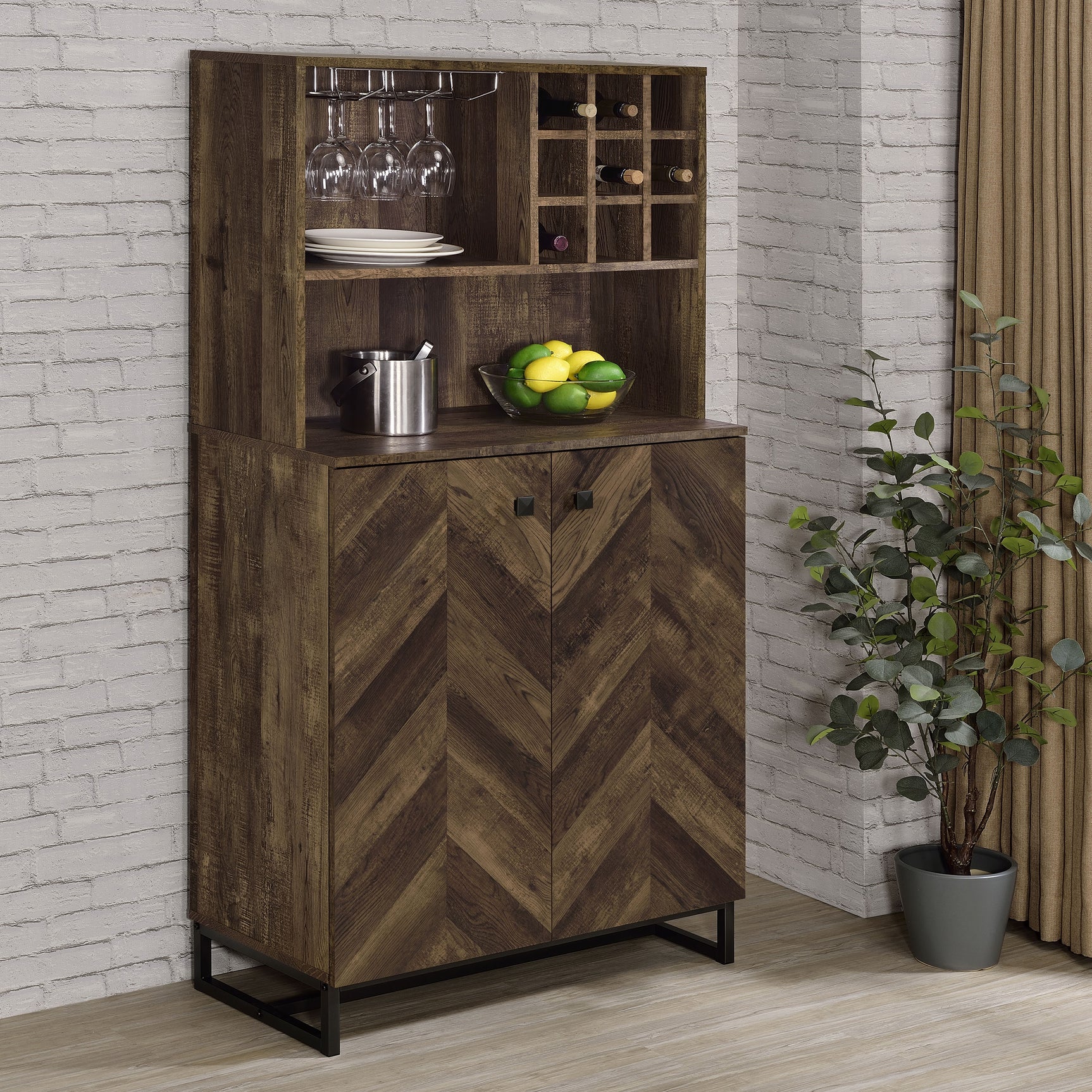 Mendoza 2-door Home Bar Cabinet Wine Storage Rustic Oak - Tampa Furniture Outlet