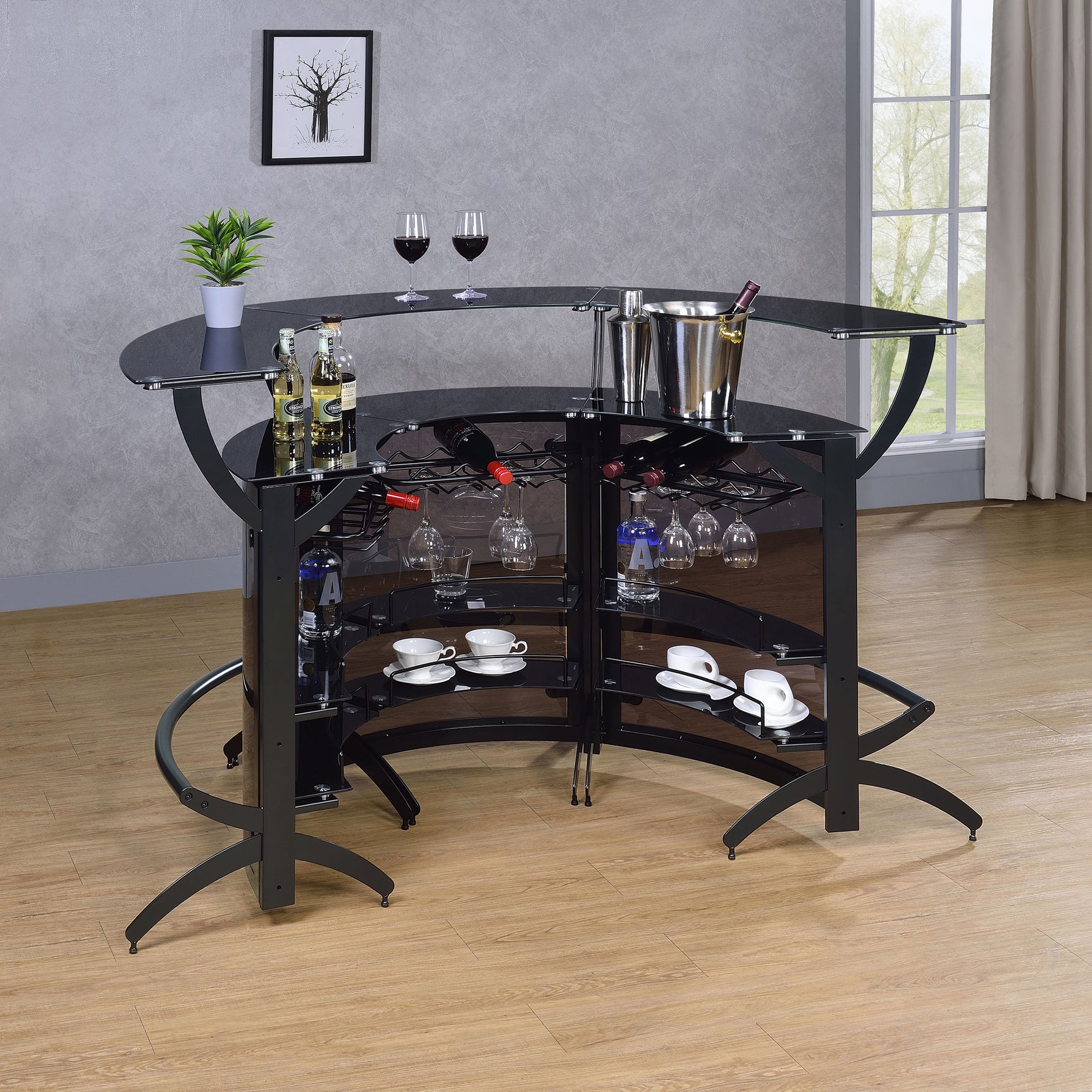 Dallas 3-piece Curved Freestanding Home Bar Cabinet Black - Tampa Furniture Outlet
