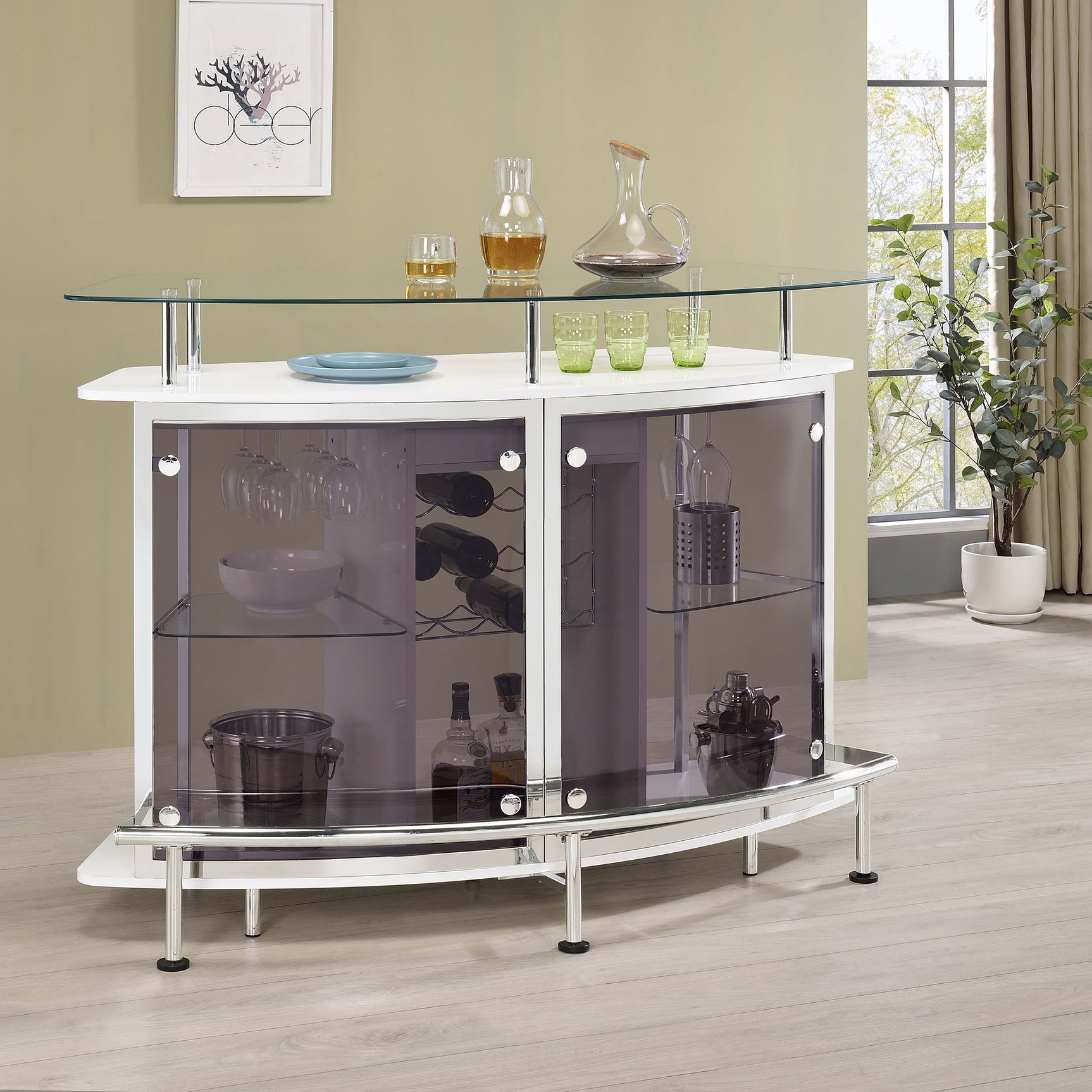 Gideon Curved Glass Top Home Bar Cabinet White High Gloss - Tampa Furniture Outlet