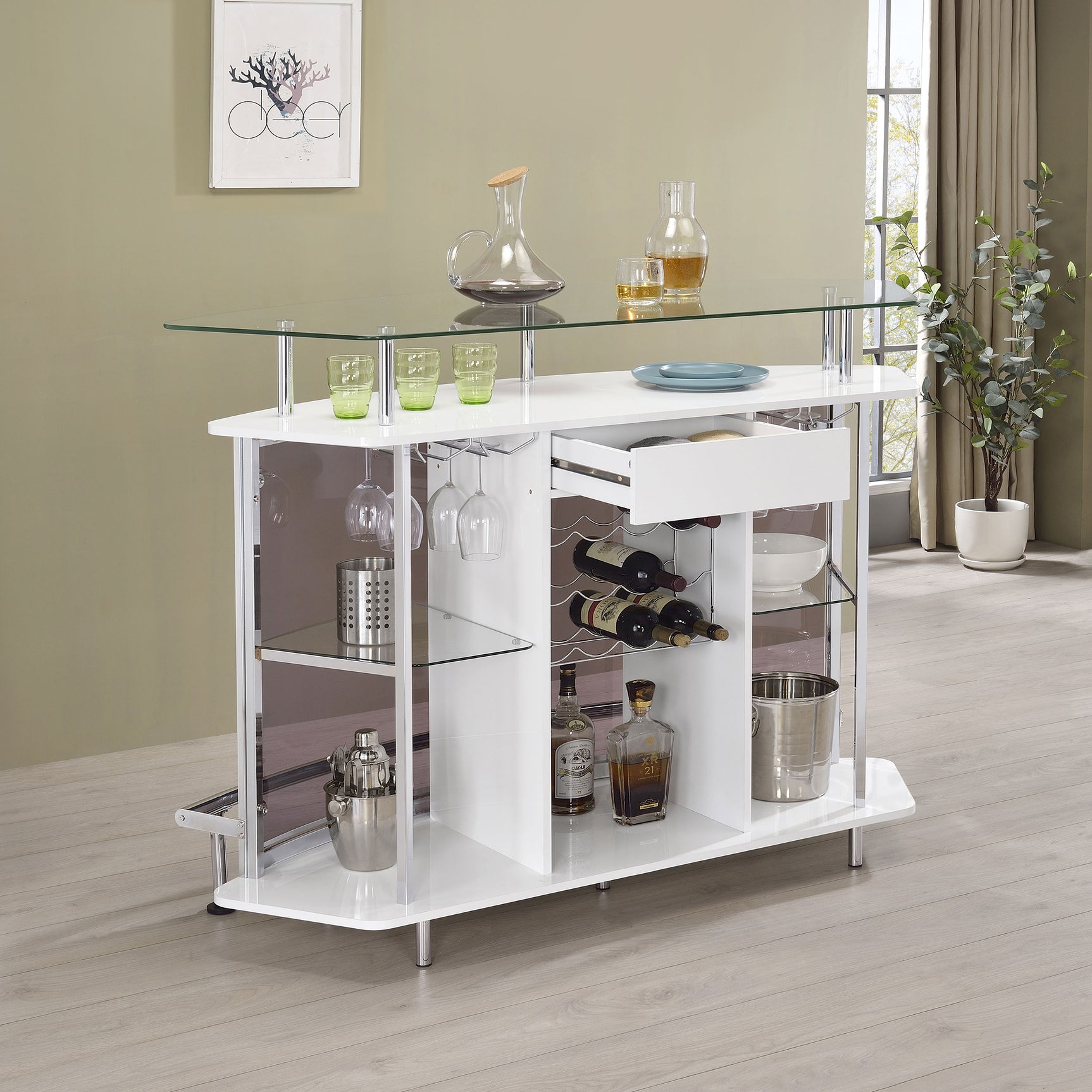 Gideon Curved Glass Top Home Bar Cabinet White High Gloss - Tampa Furniture Outlet