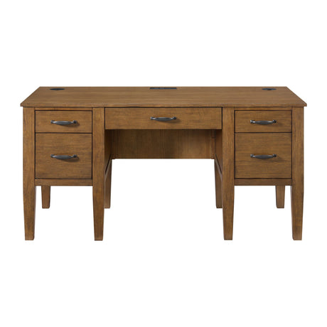 Portico - Half Pedestal Desk With Power / USB - Brown Oak - Tampa Furniture Outlet