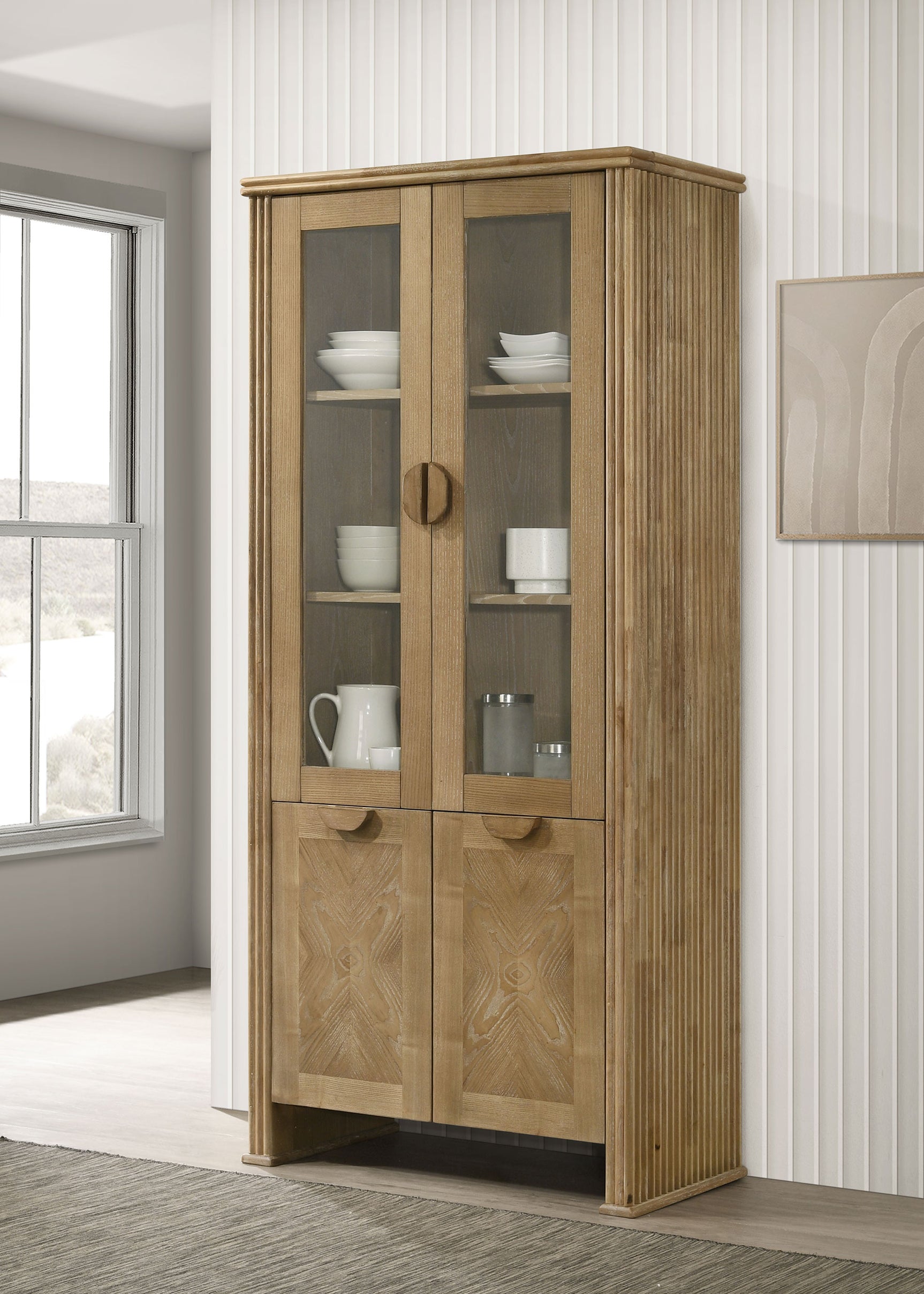 Adina 77-inch Tall Display Cabinet Distressed Light Brown - Tampa Furniture Outlet