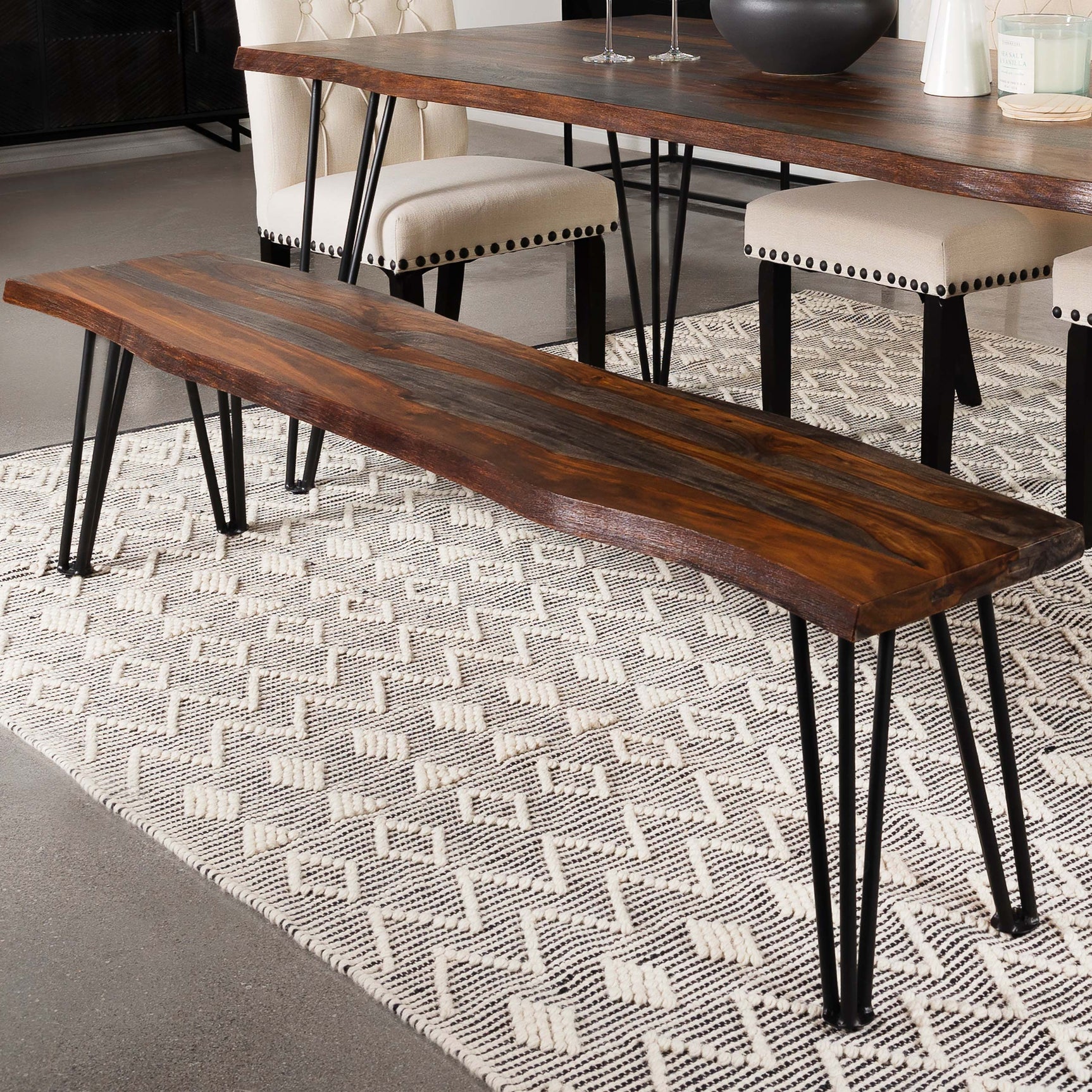 Neve Live Edge Wood Dining Bench Hairpin Legs Grey Sheesham - Tampa Furniture Outlet