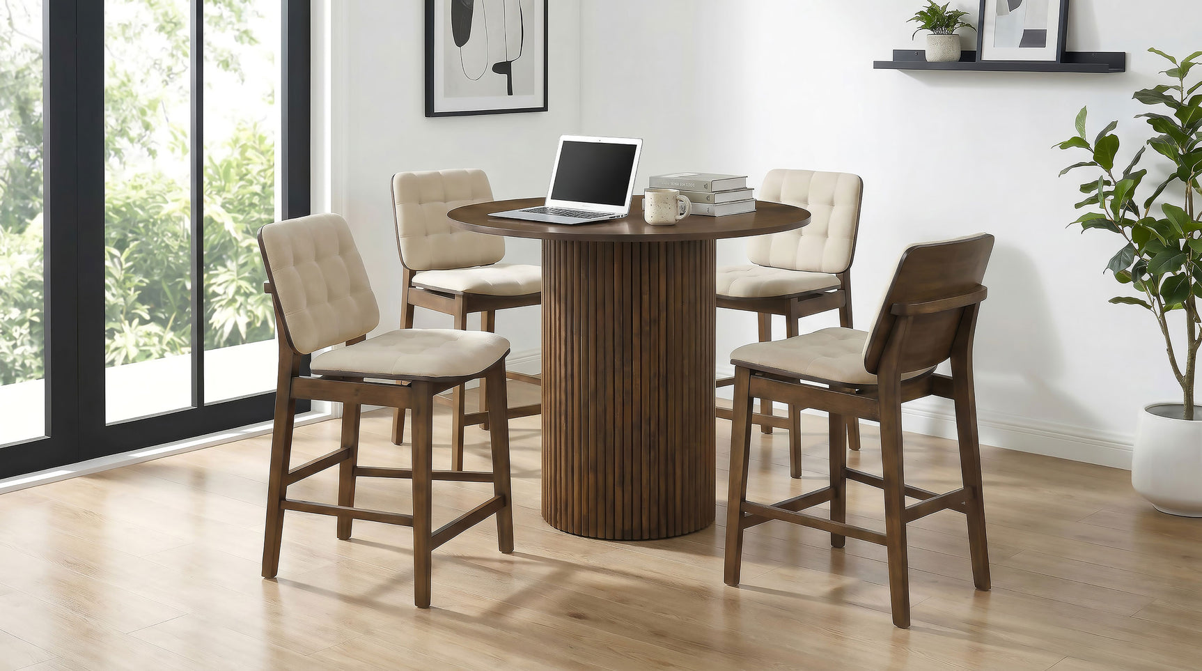 Tampa Furniture Outlet - Coaster - Hamlyn 5-piece Round Wood Counter Height Dining Set Cream and Walnut - 193938WAL-S5D