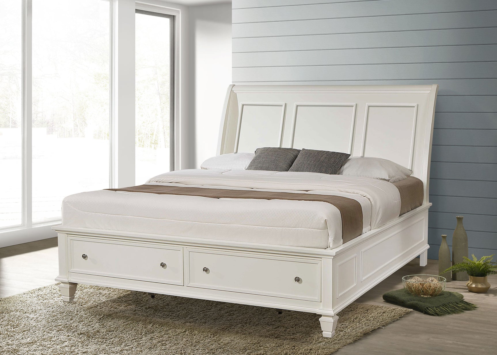 Sandy Beach Wood Eastern King Storage Panel Bed Cream White - Tampa Furniture Outlet