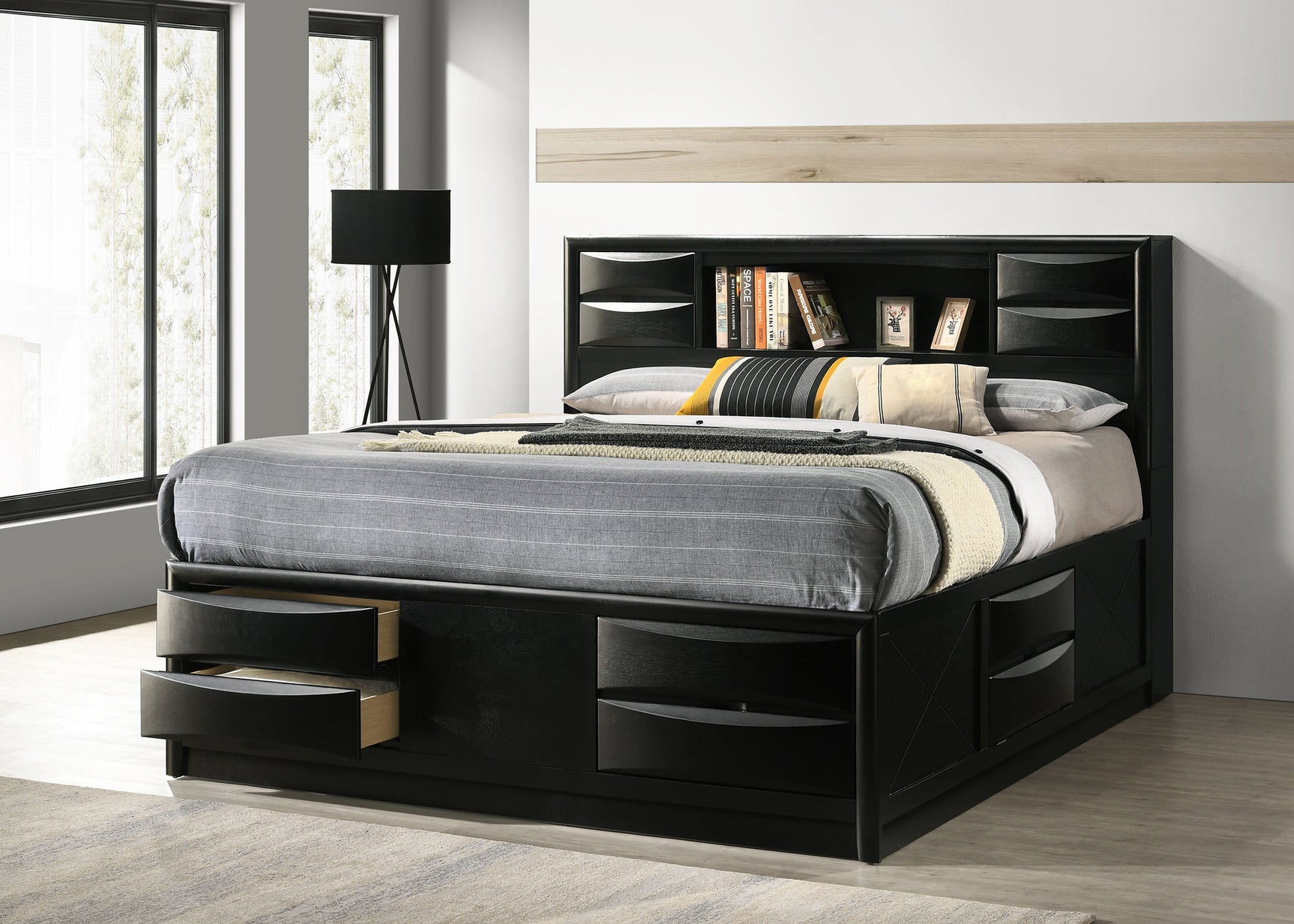 Briana Wood California King Storage Bookcase Bed Black - Tampa Furniture Outlet