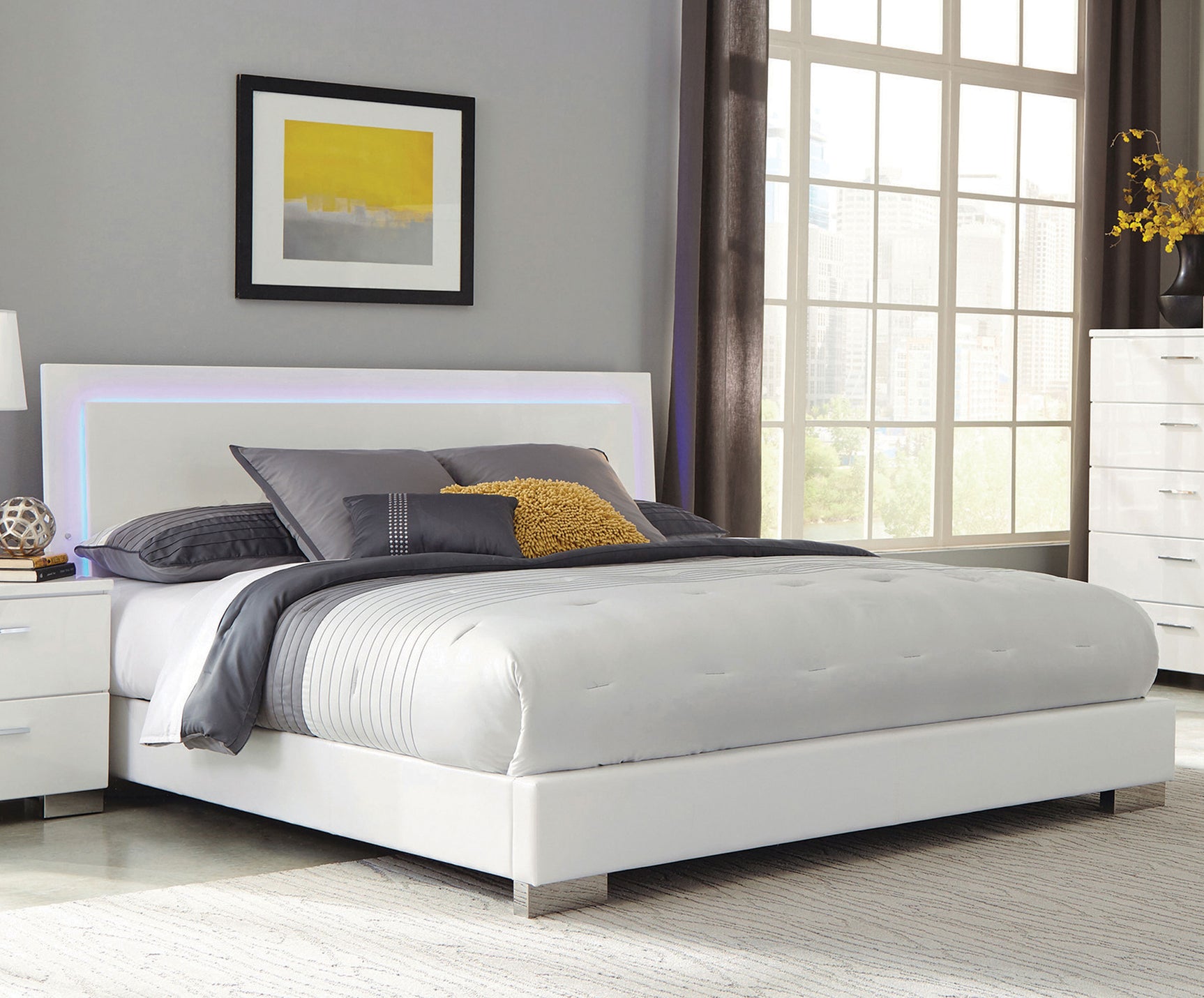 Felicity Wood California King LED Panel Bed White High Gloss - Tampa Furniture Outlet