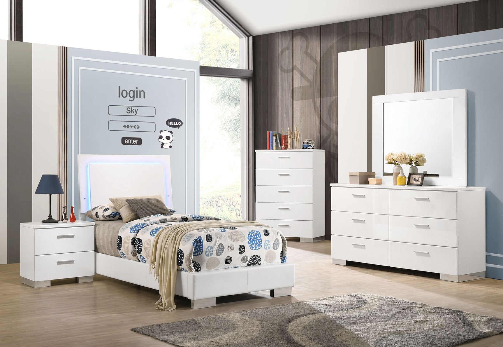Felicity Wood Twin LED Panel Bed White High Gloss - Tampa Furniture Outlet