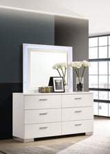 Felicity 6-drawer Dresser with LED Mirror White High Gloss - Tampa Furniture Outlet