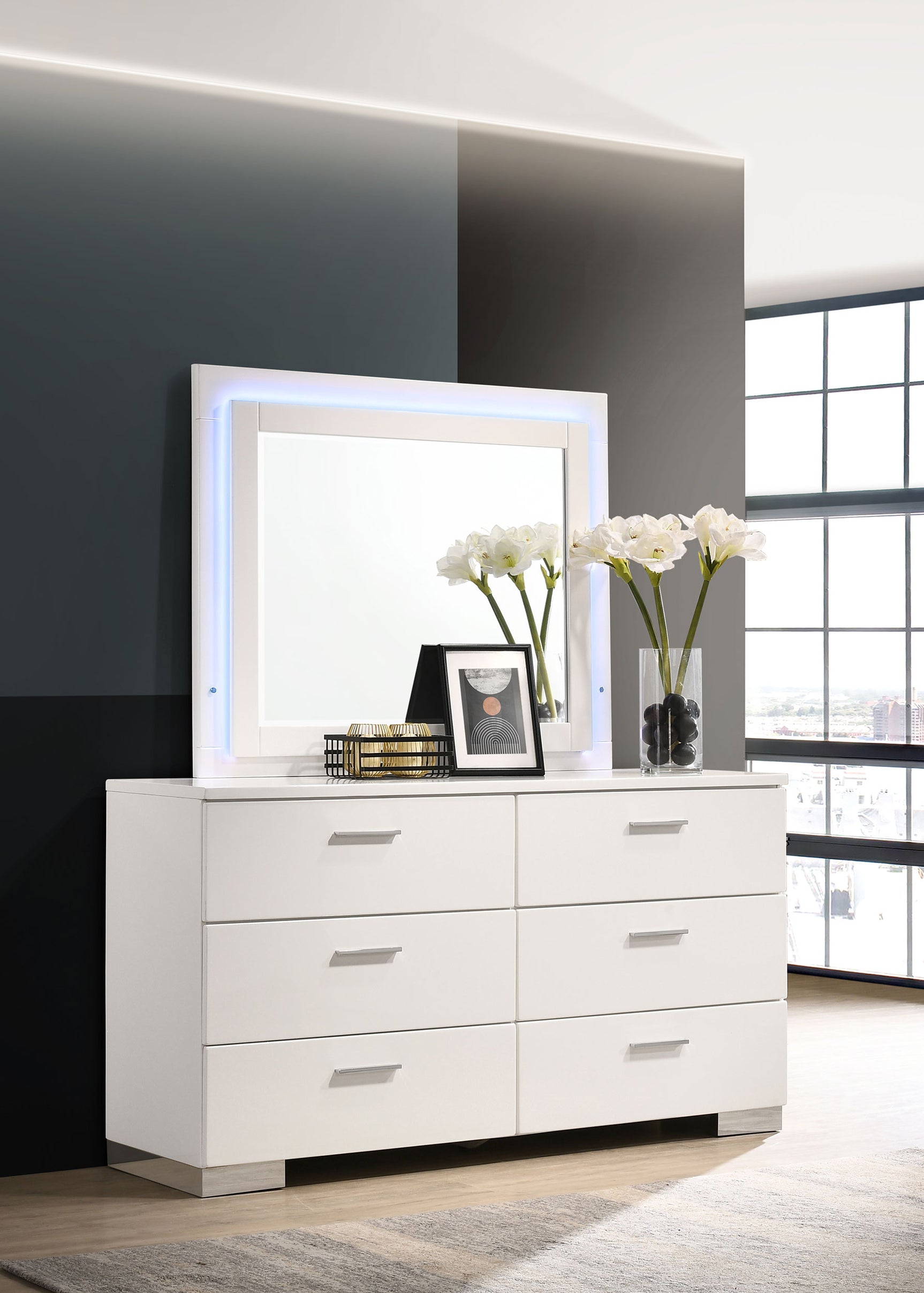 Felicity 6-drawer Dresser with LED Mirror White High Gloss - Tampa Furniture Outlet