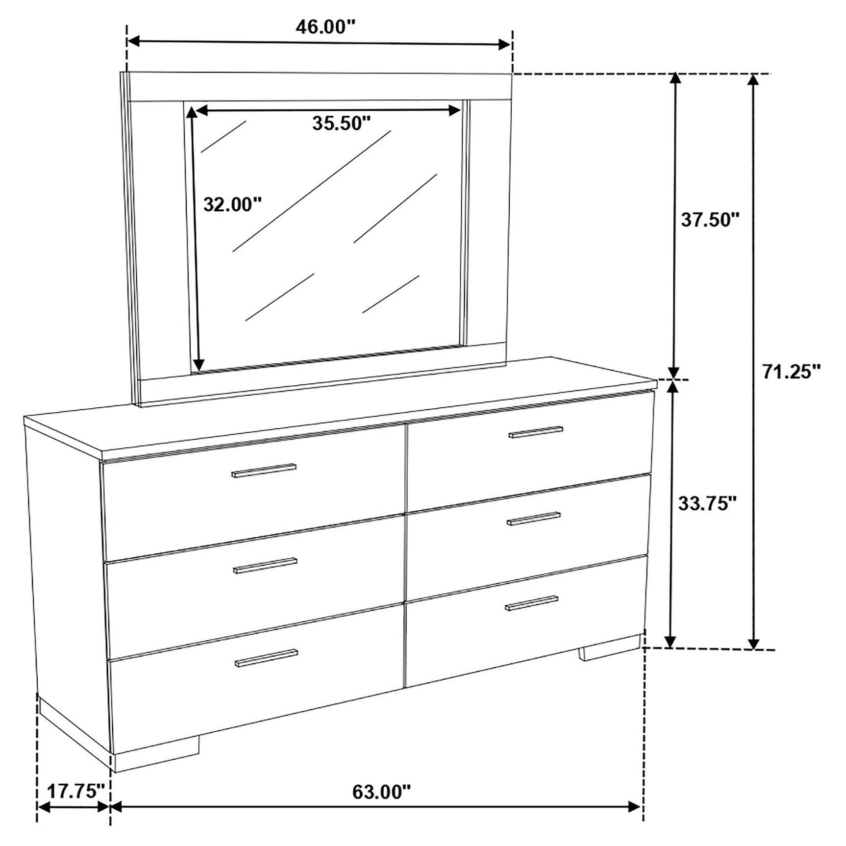 Felicity 6-drawer Wood Dresser with Mirror White High Gloss - Tampa Furniture Outlet