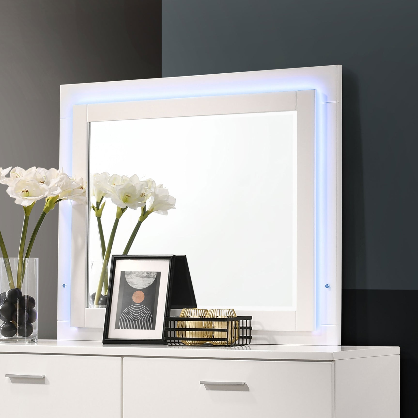 Felicity Wood LED Dresser Mirror White High Gloss - Tampa Furniture Outlet