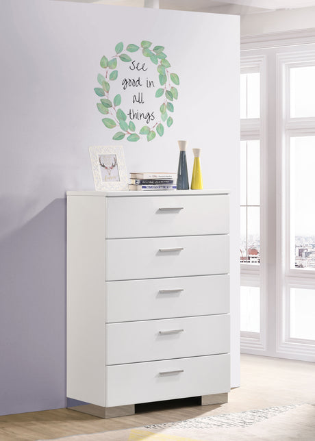 Felicity 5-drawer Bedroom Chest White High Gloss - Tampa Furniture Outlet