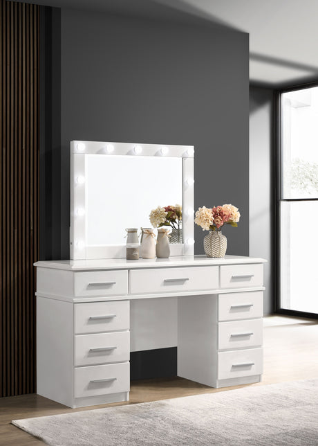 Felicity 9-drawer Vanity Table Lighted Mirror Glossy White - Tampa Furniture Outlet