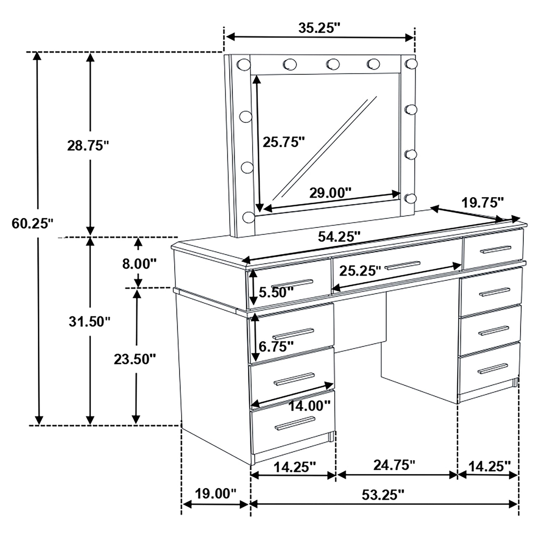 Felicity 9-drawer Vanity Table Lighted Mirror Glossy White - Tampa Furniture Outlet
