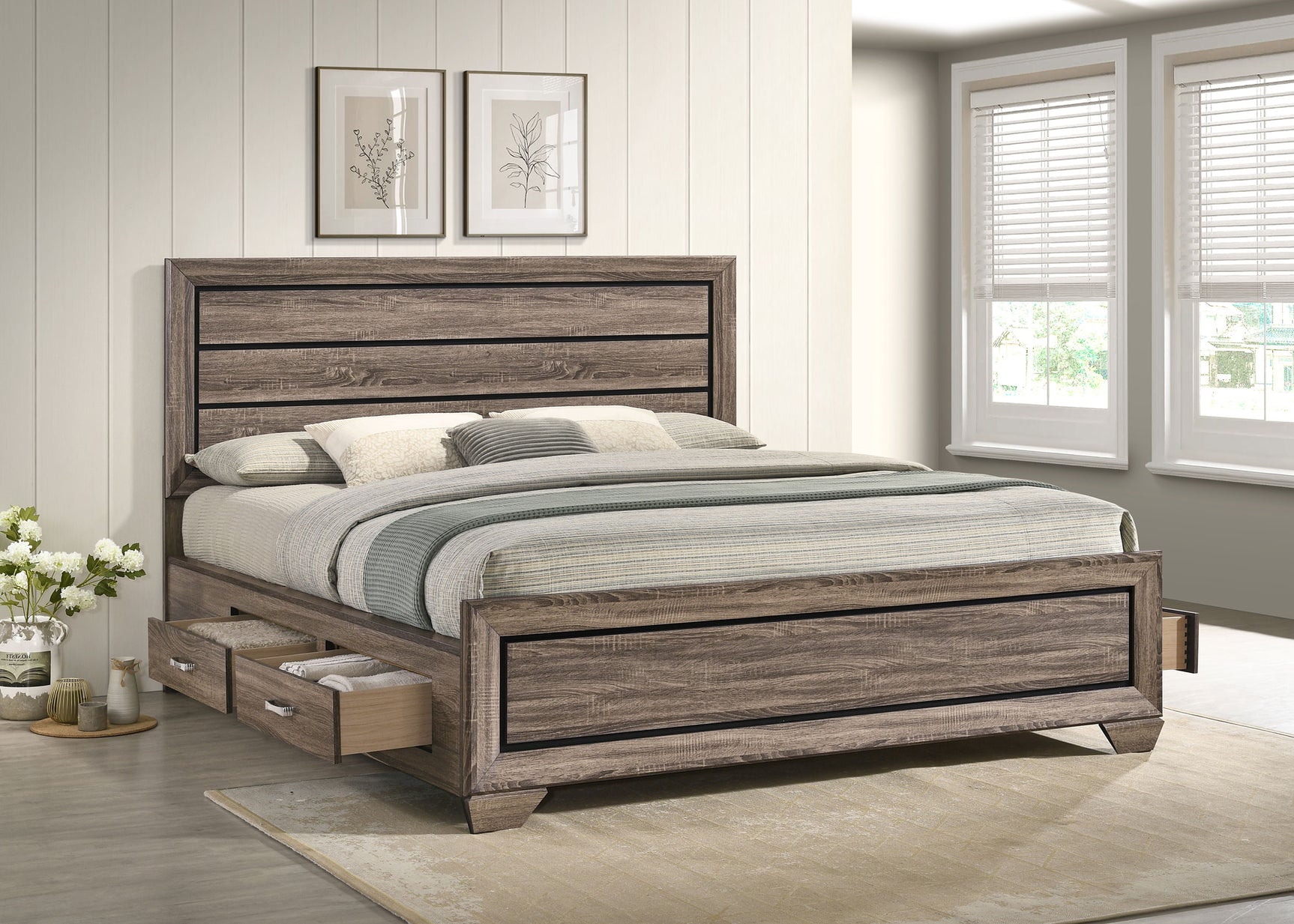 Kauffman Wood California King Storage Panel Bed Washed Taupe - Tampa Furniture Outlet