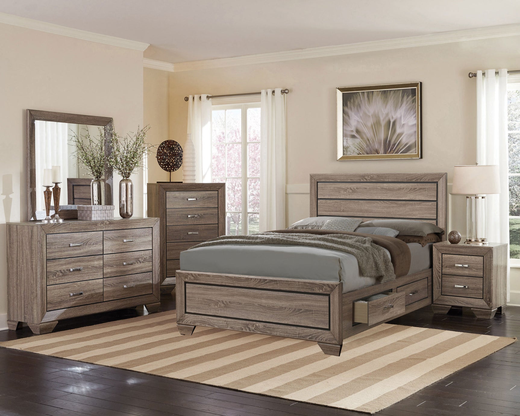 Kauffman Wood Queen Storage Panel Bed Washed Taupe - Tampa Furniture Outlet