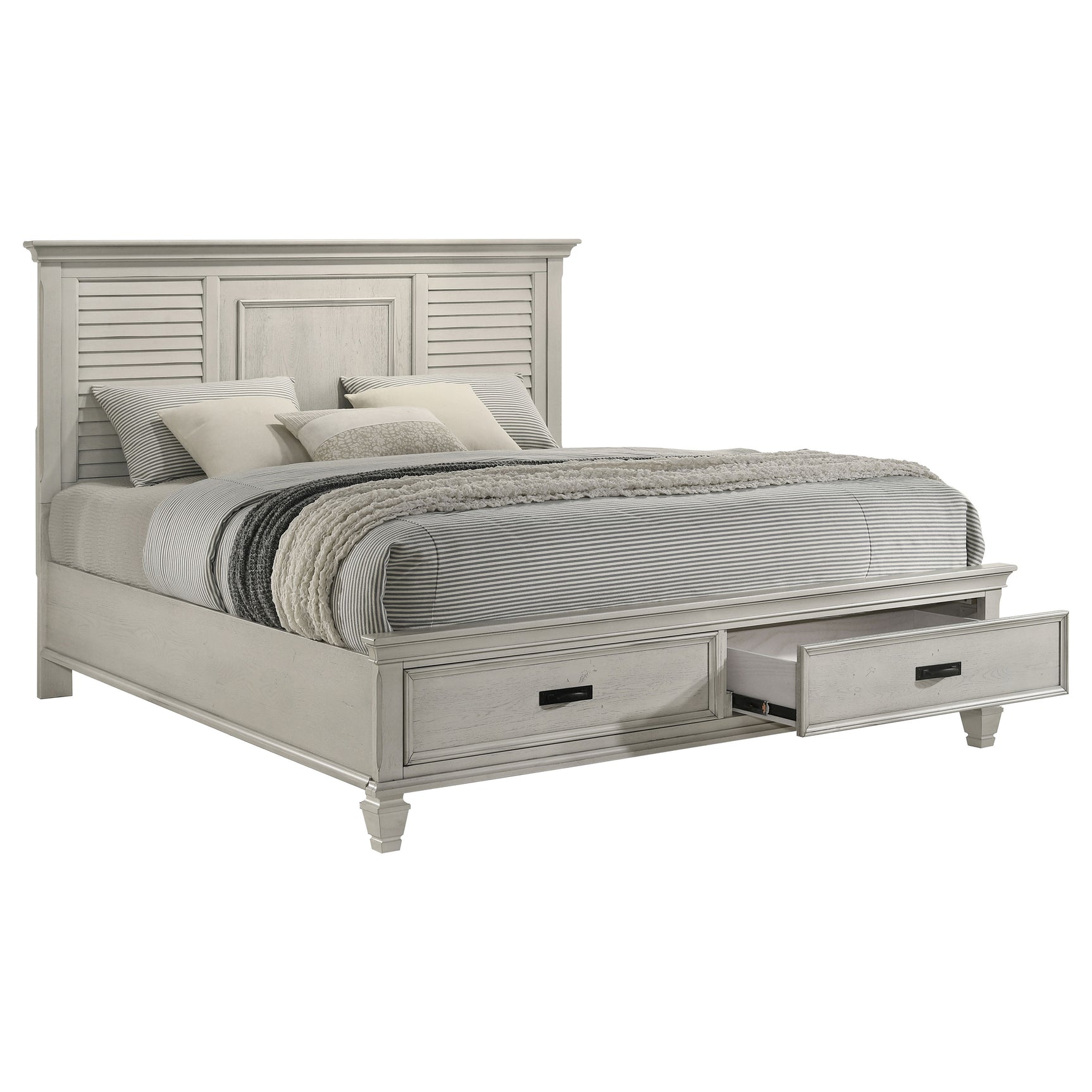 Franco Wood Eastern King Storage Panel Bed Distressed White - Tampa Furniture Outlet