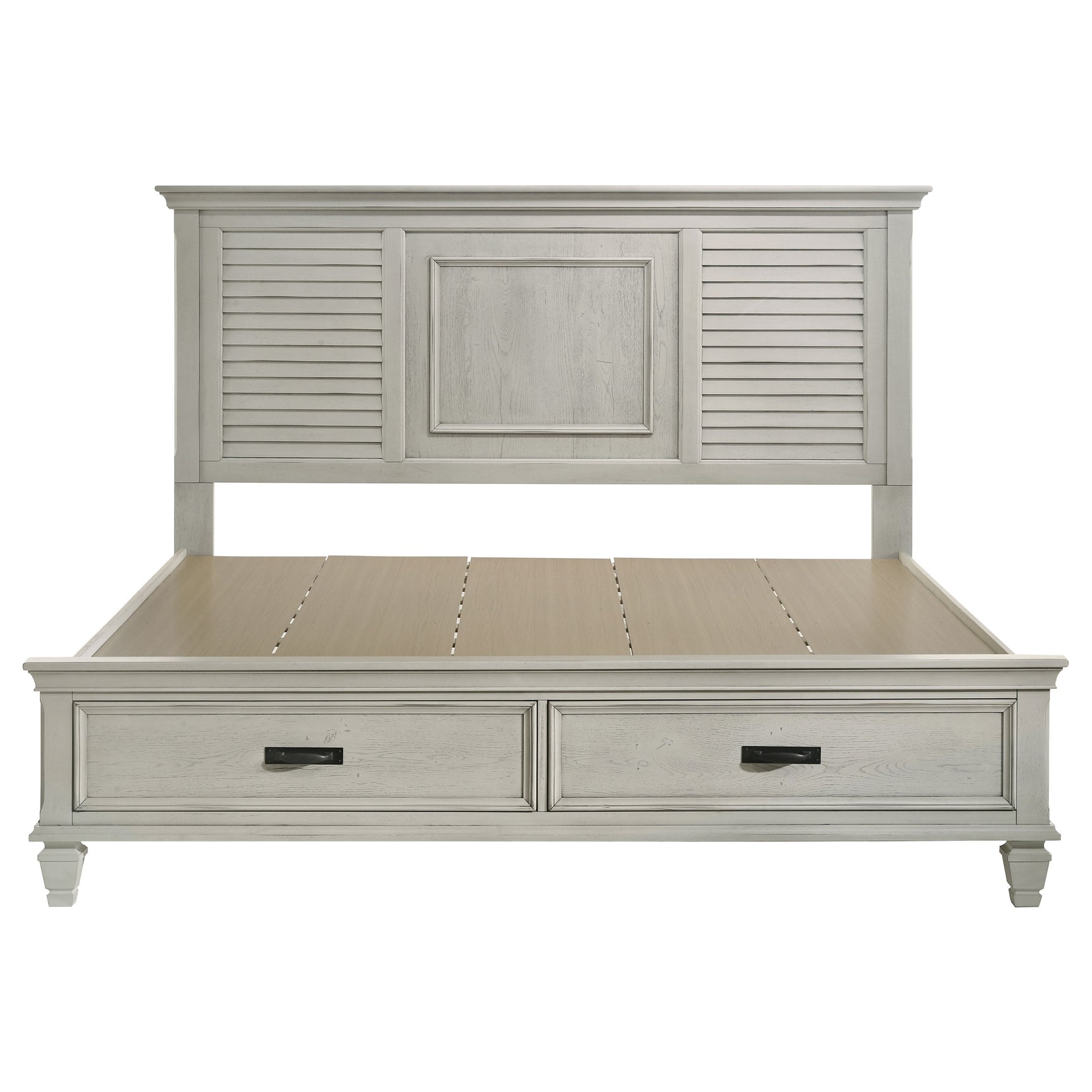 Franco Wood Eastern King Storage Panel Bed Distressed White - Tampa Furniture Outlet