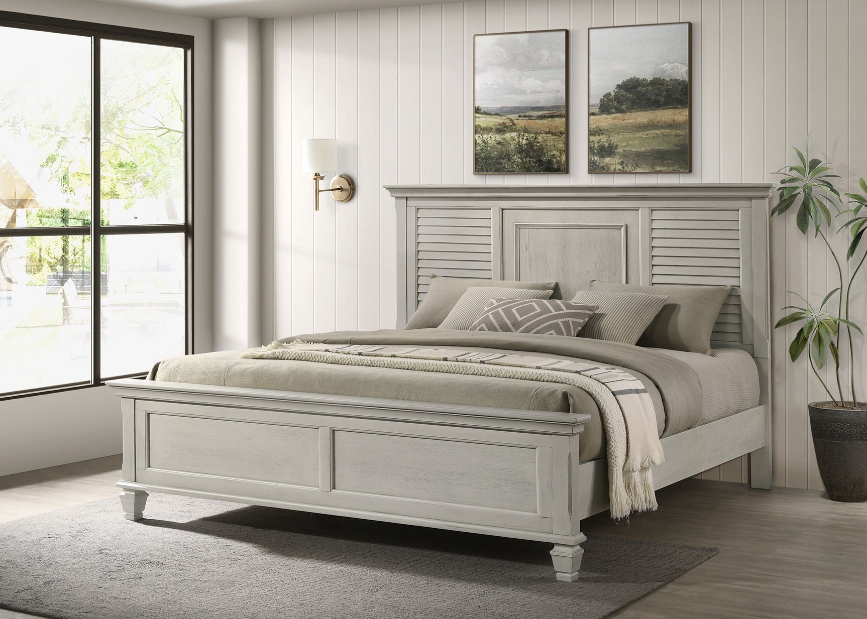 Franco Wood Eastern King Panel Bed Distressed White - Tampa Furniture Outlet