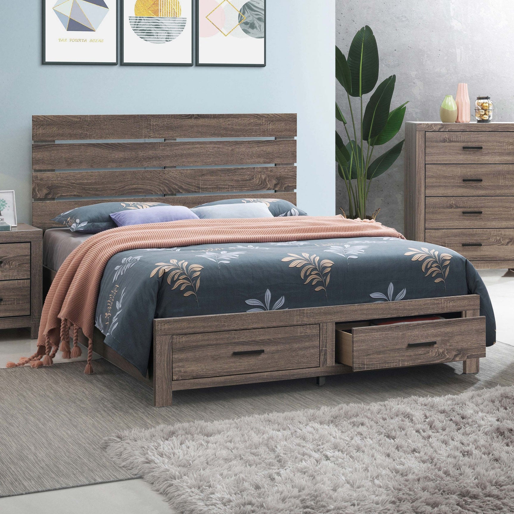 Brantford Wood Queen Storage Panel Bed Barrel Oak - Tampa Furniture Outlet