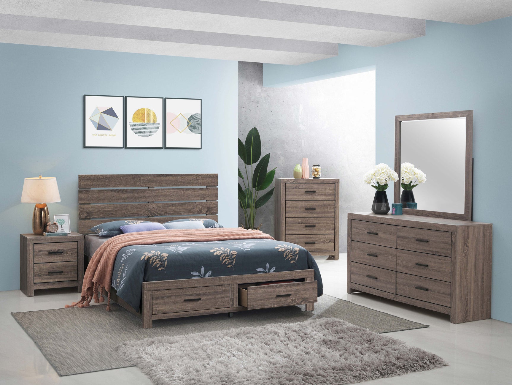 Brantford Wood Queen Storage Panel Bed Barrel Oak - Tampa Furniture Outlet