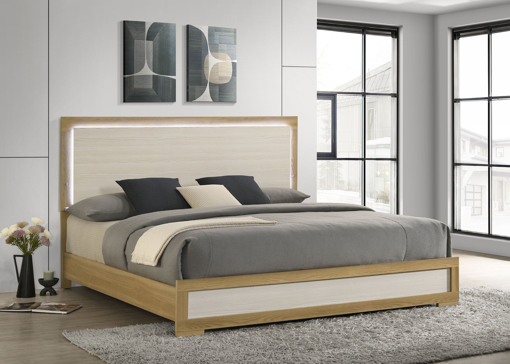 Hyland Eastern King Panel Bed LED Headboard Natural - Tampa Furniture Outlet