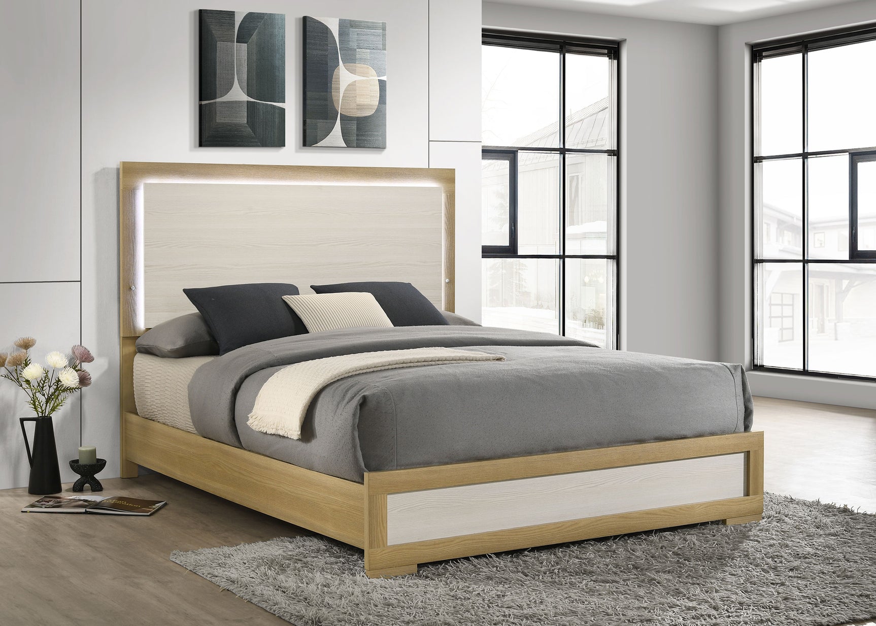 Hyland Wood Queen LED Panel Bed Natural and White - Tampa Furniture Outlet