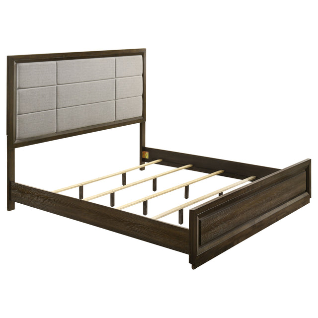 Tampa Furniture Outlet - Coaster - Atlas 63-inch California King Upholstered Panel Bed Grey and Dark Oak - 215971KW