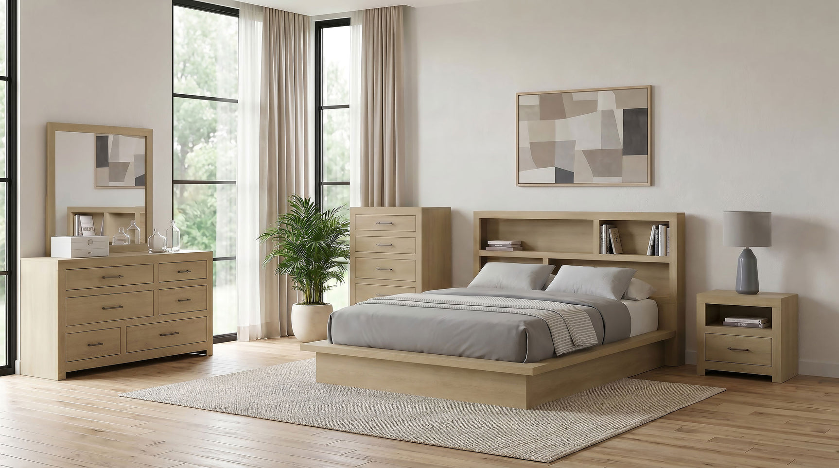 Hendricks Eastern King Bookcase Headboard Platform Bed Light Oak