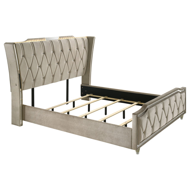 Tampa Furniture Outlet - Coaster - Lorient California King LED Upholstered Bed Ivory and Camel - 222661KW