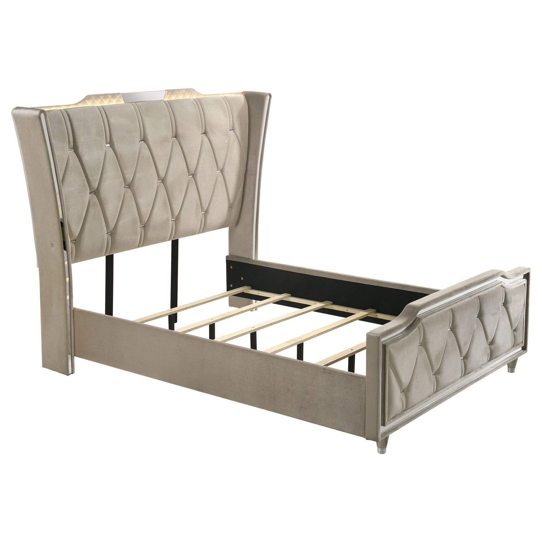 Tampa Furniture Outlet - Coaster - Lorient Queen LED Upholstered Wingback Bed Ivory and Camel - 222661Q