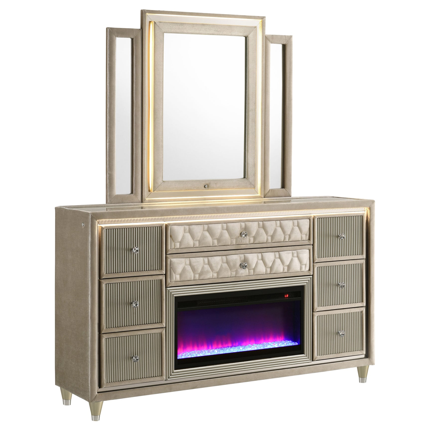 Tampa Furniture Outlet - Coaster - Lorient 8-drawer LED Flame Box Dresser and Mirror Ivory Camel - 222663FBM