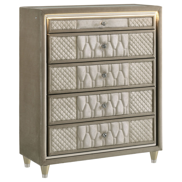 Tampa Furniture Outlet - Coaster - Lorient 5-drawer LED Chest of Drawers Ivory and Camel - 222665