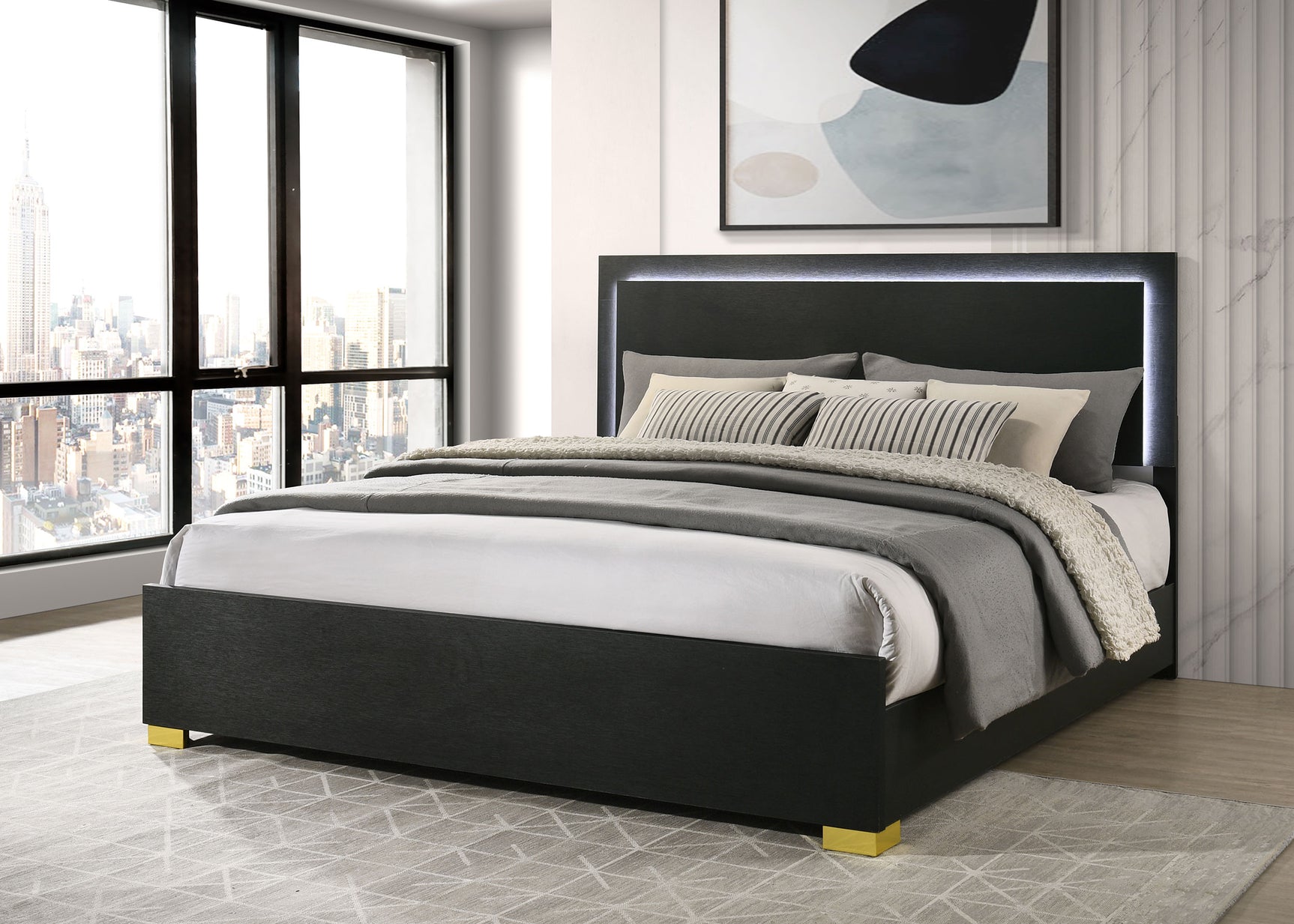 Marceline Wood Eastern King LED Panel Bed Black - Tampa Furniture Outlet