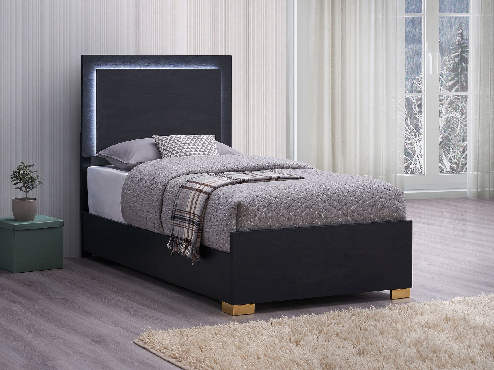 Marceline Wood Twin LED Panel Bed Black - Tampa Furniture Outlet