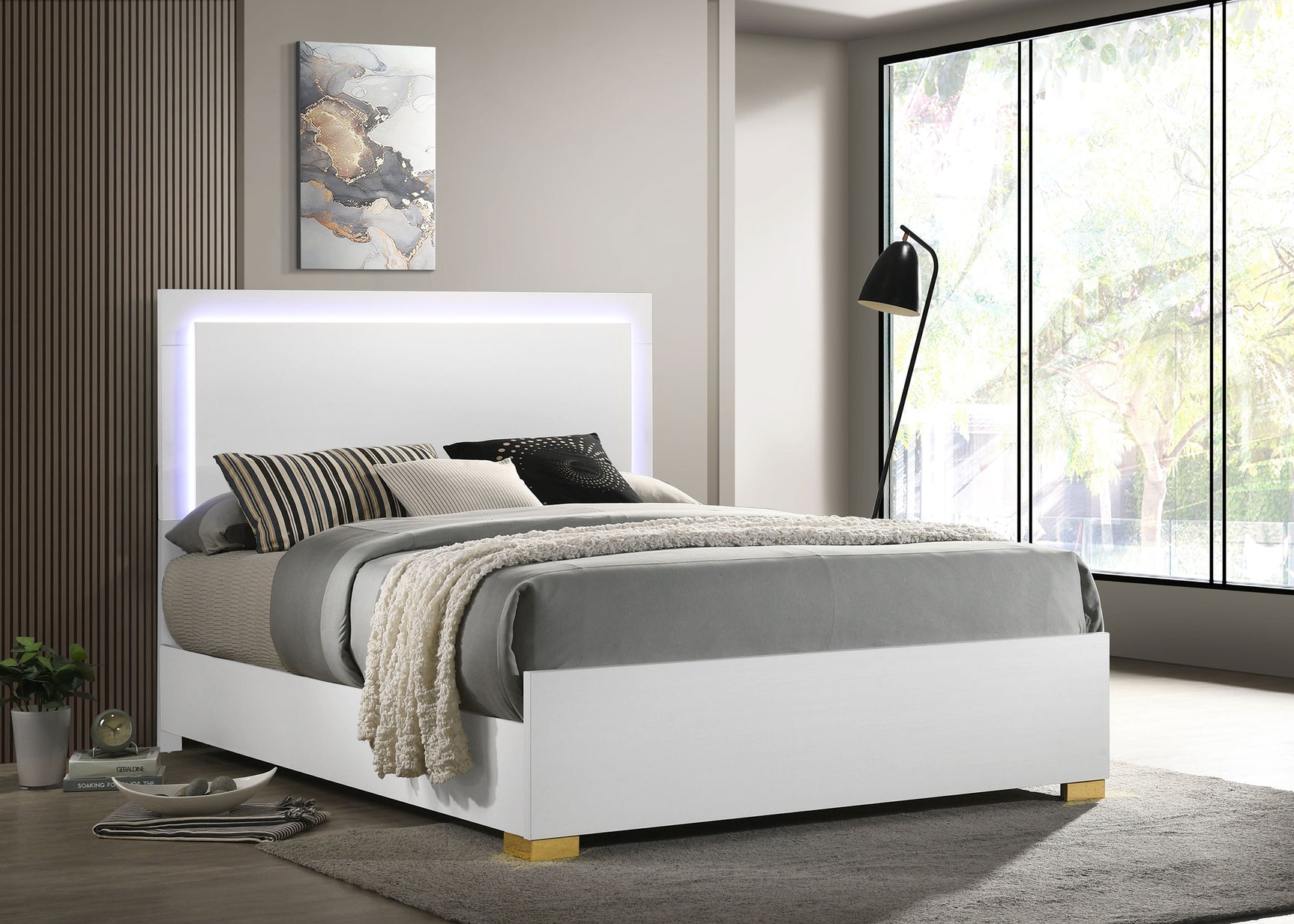 Marceline Wood Queen LED Panel Bed White - Tampa Furniture Outlet