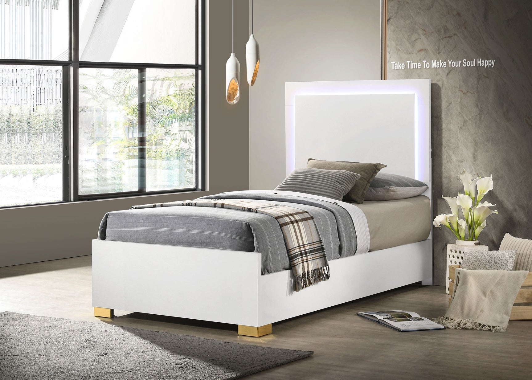 Marceline Wood Twin LED Panel Bed White - Tampa Furniture Outlet