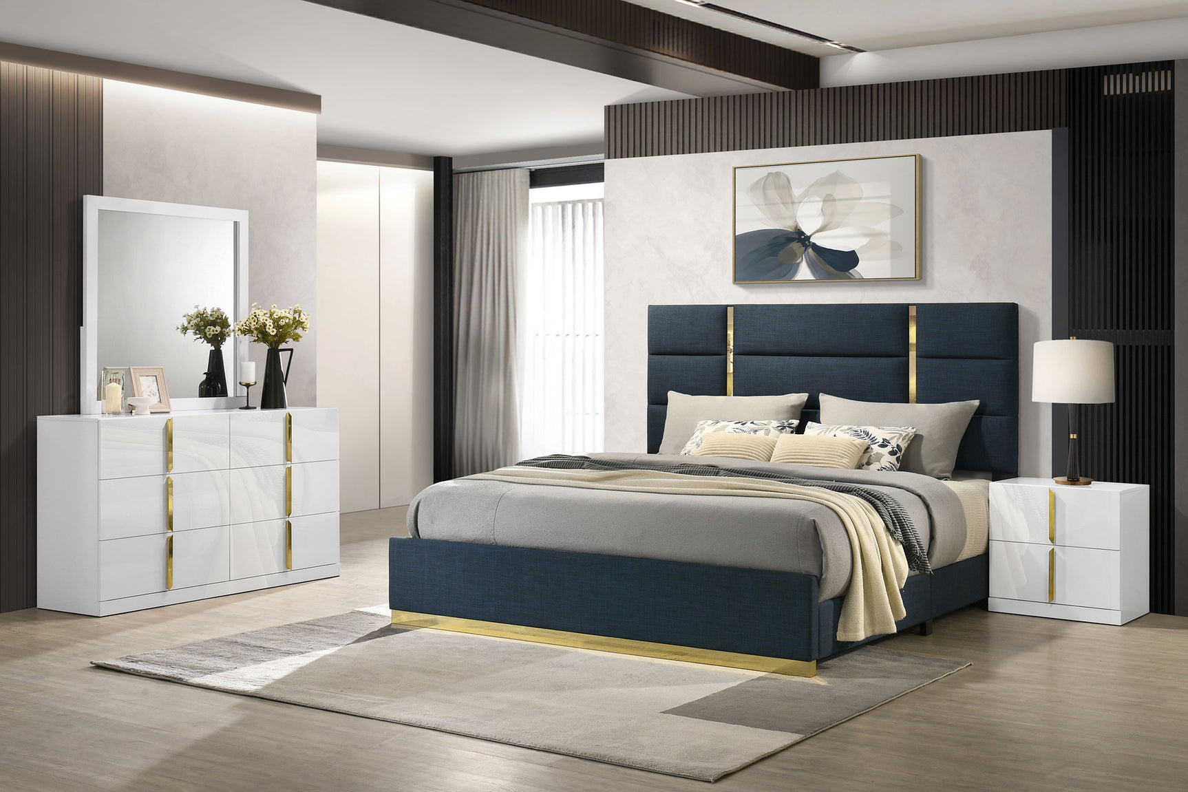 Tampa Furniture Outlet - Coaster - Ines 4-piece Eastern King Bedroom Set Navy and White High Gloss - 223091NVYKE-S4