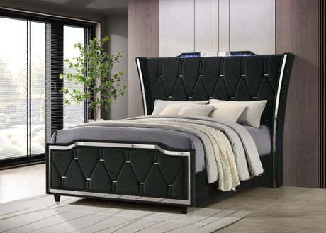 Lorient Queen LED Upholstered Wingback Bed Black