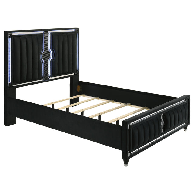 Tampa Furniture Outlet - Coaster - Ravenne Velvet Upholstered Queen LED Panel Bed Black - 223191Q