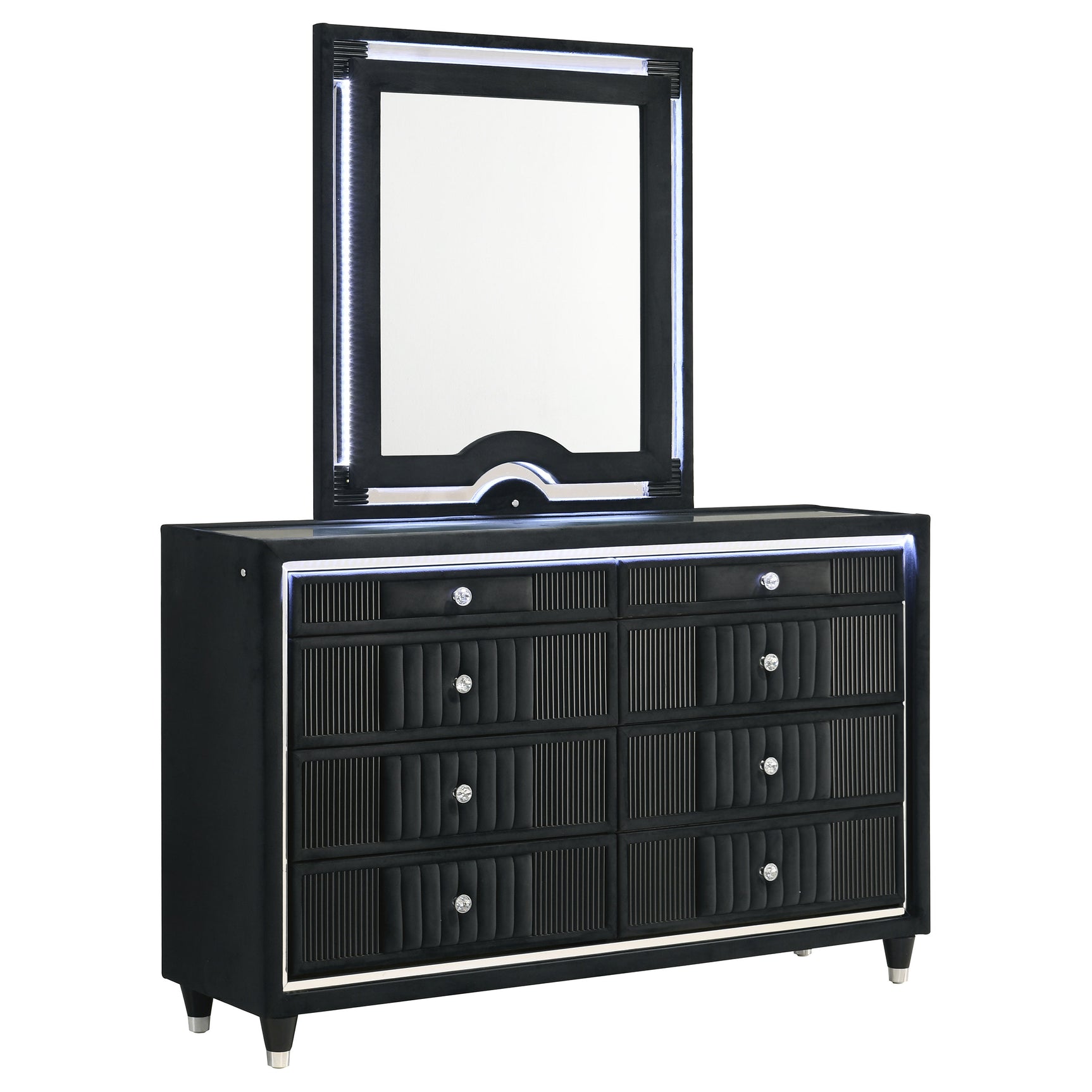 Tampa Furniture Outlet - Coaster - Ravenne 8-drawer Velvet Upholstered LED Dresser and Mirror Black - 223193M